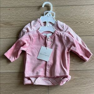 NWT Starting Out NewbornPink Cardigan and Striped Onesie with matching pants Set